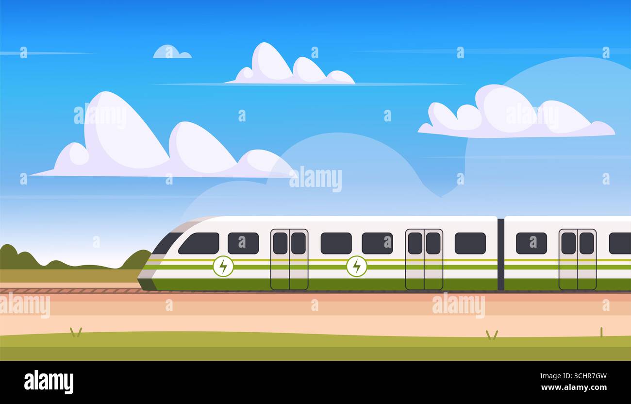 Un train écologique moderne se déplaçant à travers un paysage naturel. Transports en commun durables et à faible émission de carbone alimentés par des énergies renouvelables. Vecteur non GENE ai Banque D'Images
