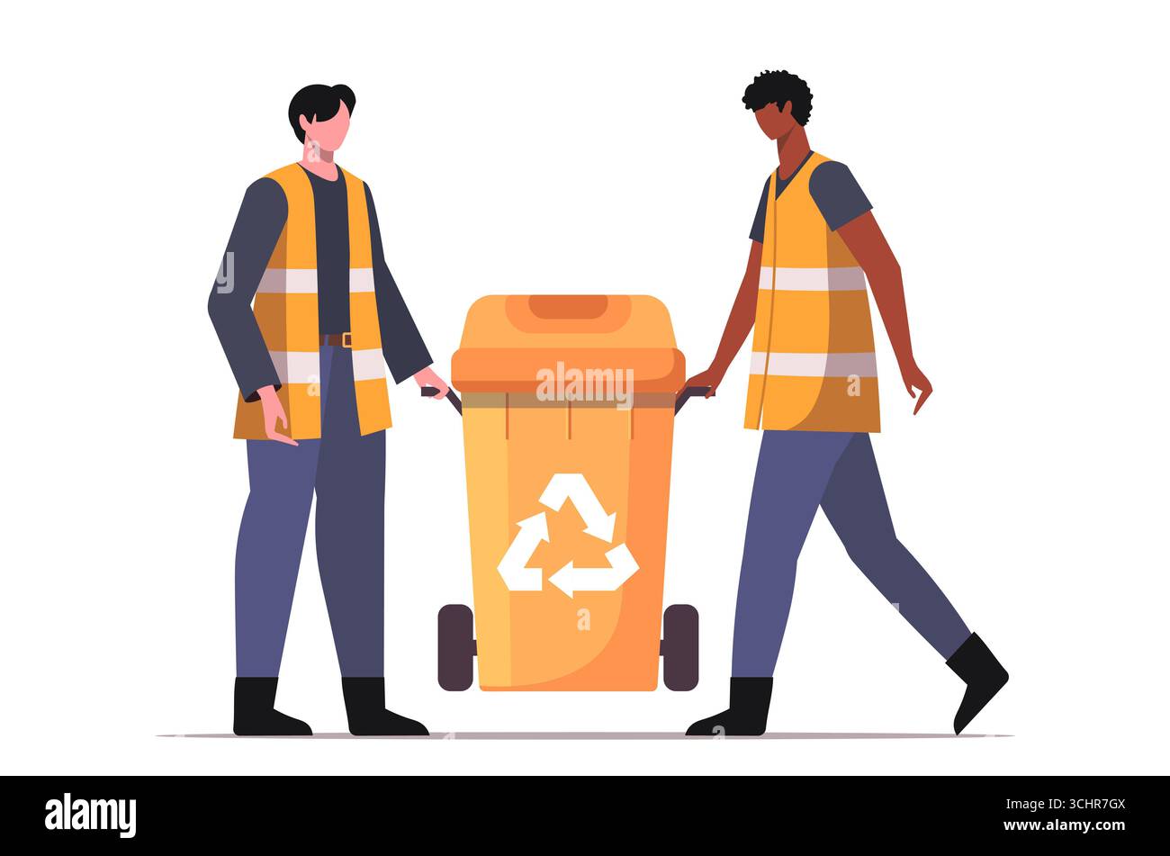 Les travailleurs de l'assainissement vêtus de gilets réfléchissants orange transportent une poubelle. Сleaning concept de service. Vecteur non généré par IA Banque D'Images