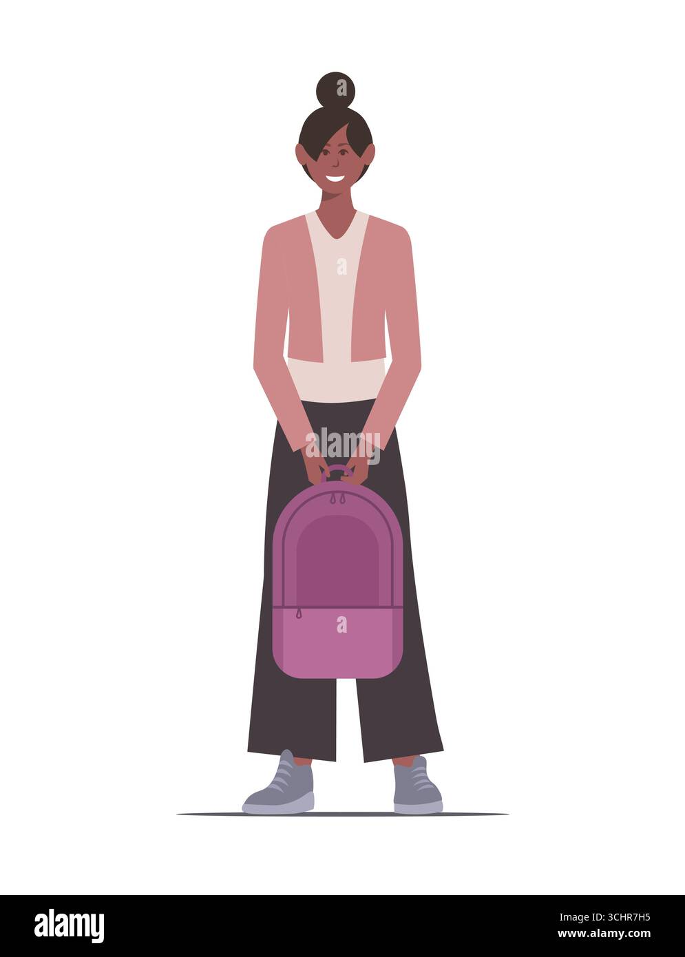 Heureuse écolière afro-américaine dans des vêtements décontractés tenant un sac à dos violet dans ses mains. École, éducation, étude, concept d'apprentissage. Vecteur non ai Banque D'Images