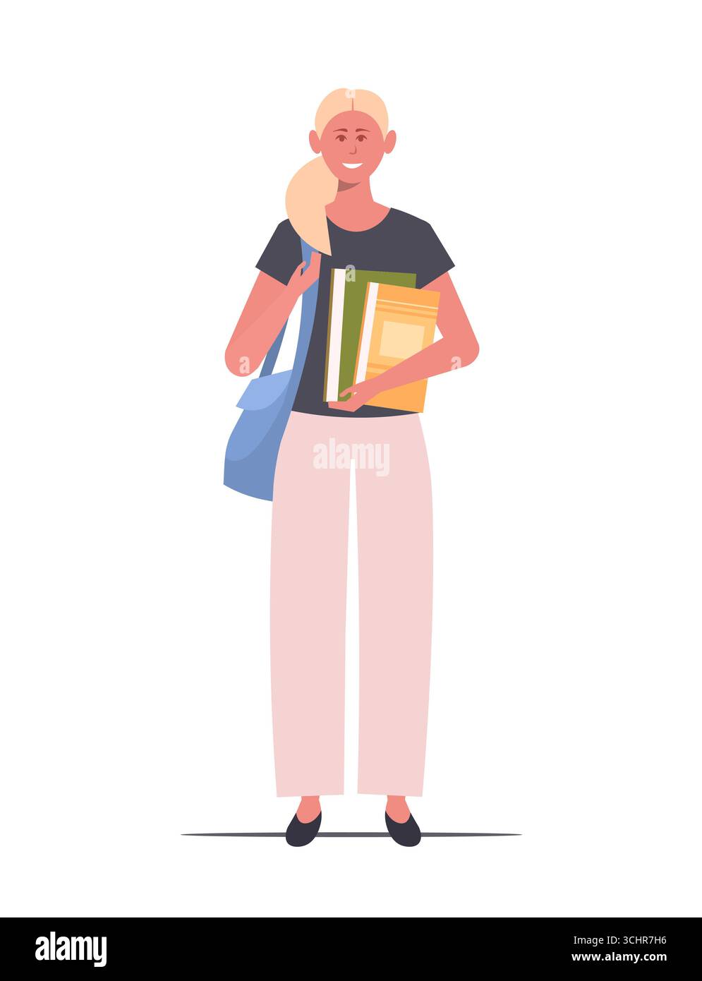 Écolière souriante avec les cheveux blonds et un sac à dos bleu, tenant des manuels et prête à commencer sa journée d'école. Parfait pour parentalité, enfance, Educat Banque D'Images