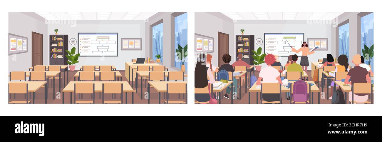 Une salle de classe est vide, l'autre pleine d'étudiants engagés dans une leçon avec un professeur au tableau blanc. Concept d'éducation, d'apprentissage, de vie scolaire. Banque D'Images