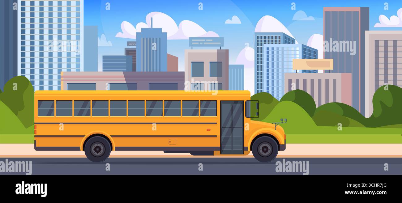 Paysage urbain ou paysage urbain avec des bâtiments, des gratte-ciel et un autobus scolaire jaune conduisant le long de la route. Concept d'éducation. Vecteur non généré par IA Banque D'Images