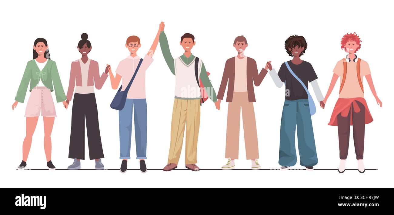 Enfants tenant les mains, debout ensemble isolé sur fond blanc. Maternelle, écoliers et étudiants. Unité et concept d'amitié. Vecteur N Banque D'Images