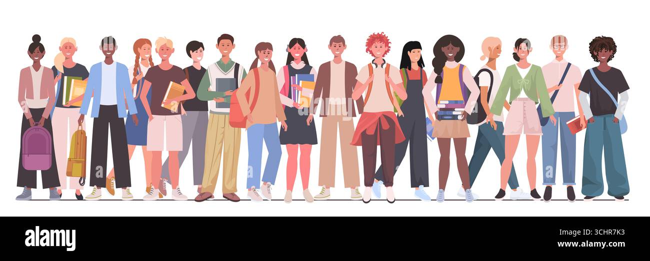 Groupe diversifié d'écoliers. Adolescents ou préadolescents garçons et filles se tiennent ensemble. Le concept d'enfance et d'amitié. Vecteur non généré par IA Banque D'Images