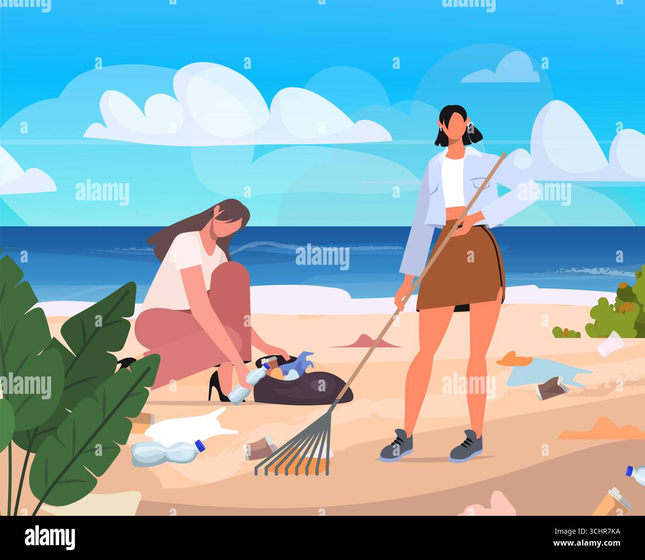 Deux femmes bénévoles ramassent activement du plastique et d'autres déchets le long d'une plage de sable près de la mer ou de l'océan. Protégez la nature et réduisez la pollution. VEC Banque D'Images