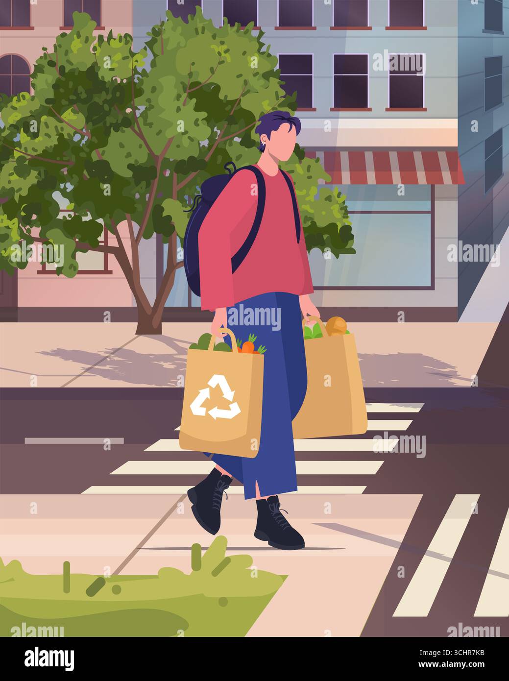 Homme marchant le long d'une rue de la ville avec des sacs en papier avec des symboles de recyclage, remplis de nourriture fraîche. Reflète des habitudes écologiques, un mode de vie sain, Banque D'Images