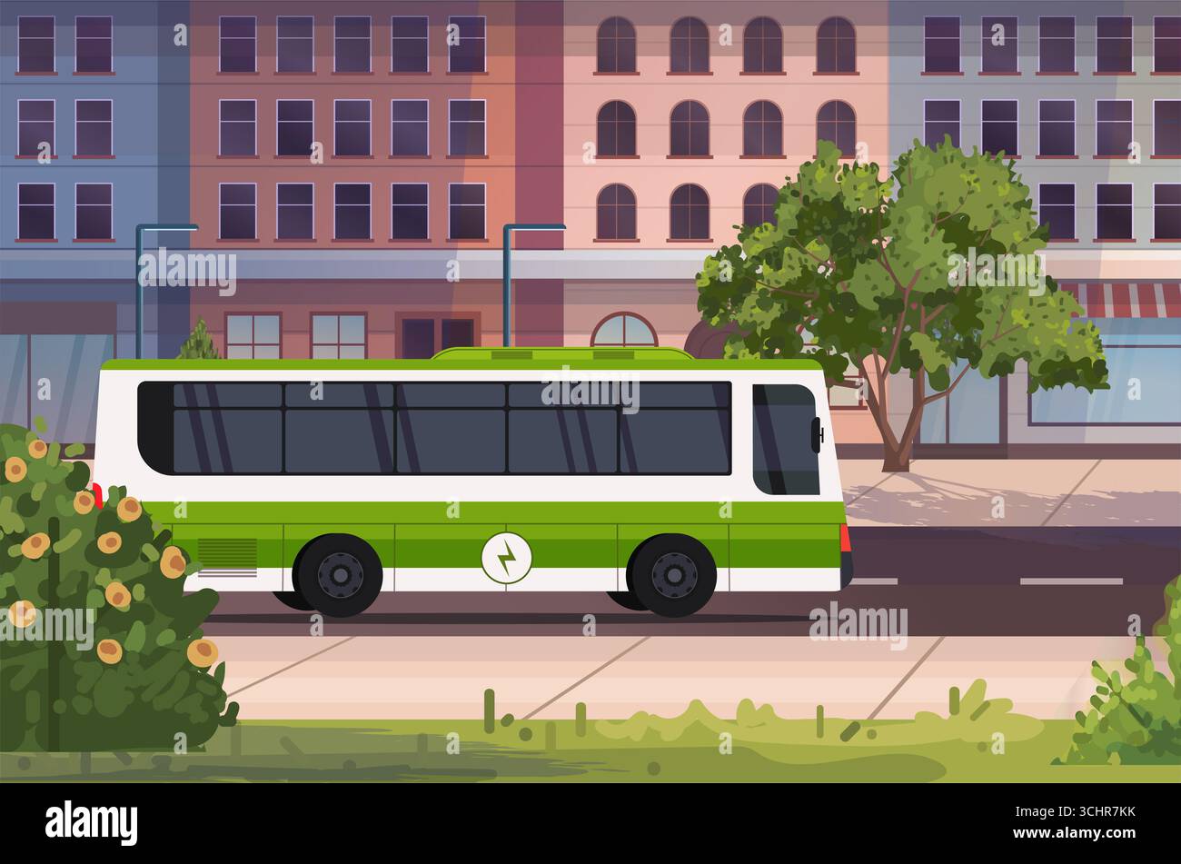 Bus électrique dans une rue moderne de la ville, alimenté par des énergies renouvelables. Infrastructure urbaine et concept de transport public. Vecteur. Non généré par IA. Banque D'Images
