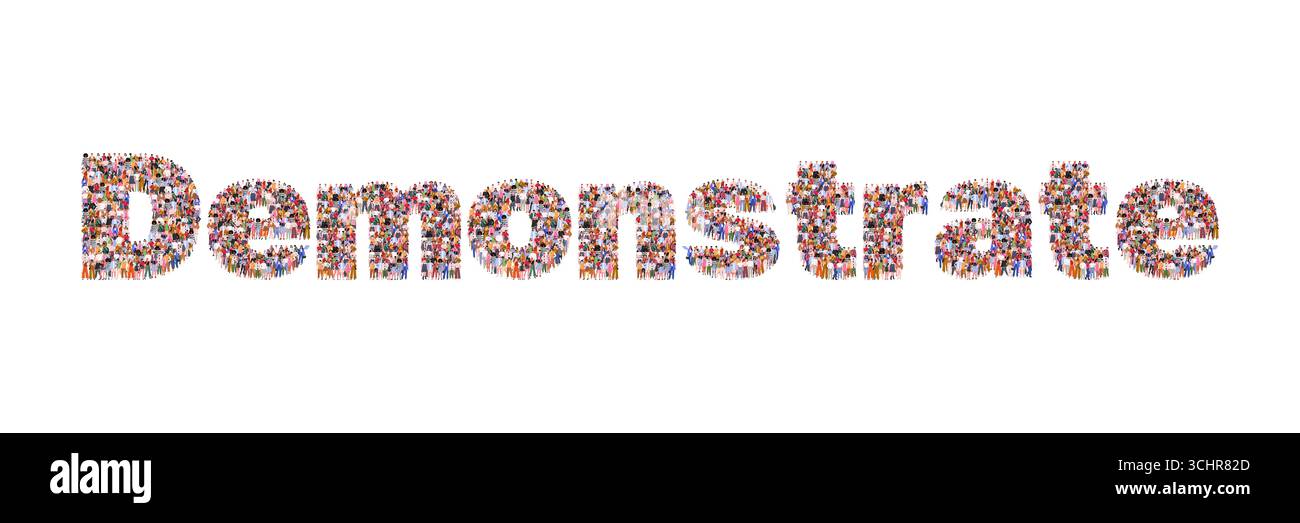 Grand groupe de personnes formant le mot démontrent. Idéal pour les thèmes liés à l'activisme, les mouvements civils, les manifestations publiques et la caméra de sensibilisation sociale Banque D'Images