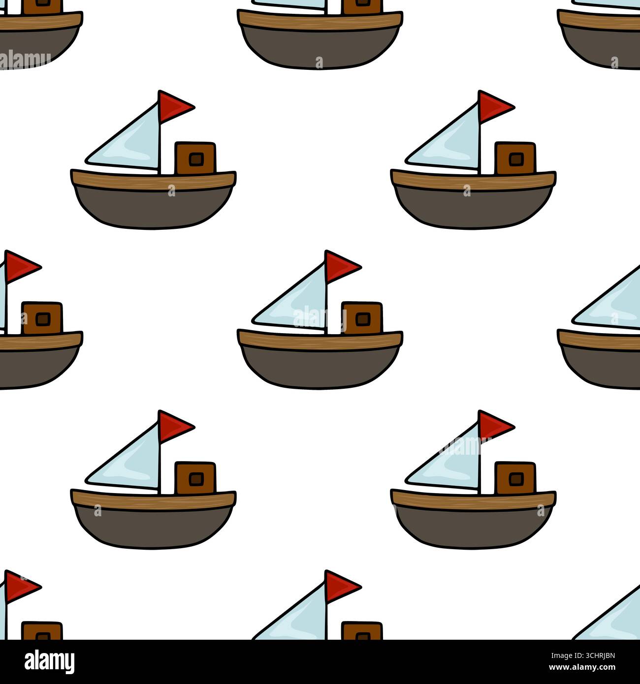 Modèle vectoriel sans couture de charmants voiliers dessinés à la main avec des drapeaux rouges, avec un design simpliste mais détaillé en brun, gris et bleu clair, pe Illustration de Vecteur