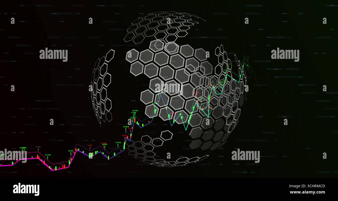 Affichage de sphères hexagonales 3D pulsées dans le domaine des données numériques, avec des barres en chandelier et une ligne de tendance Banque D'Images
