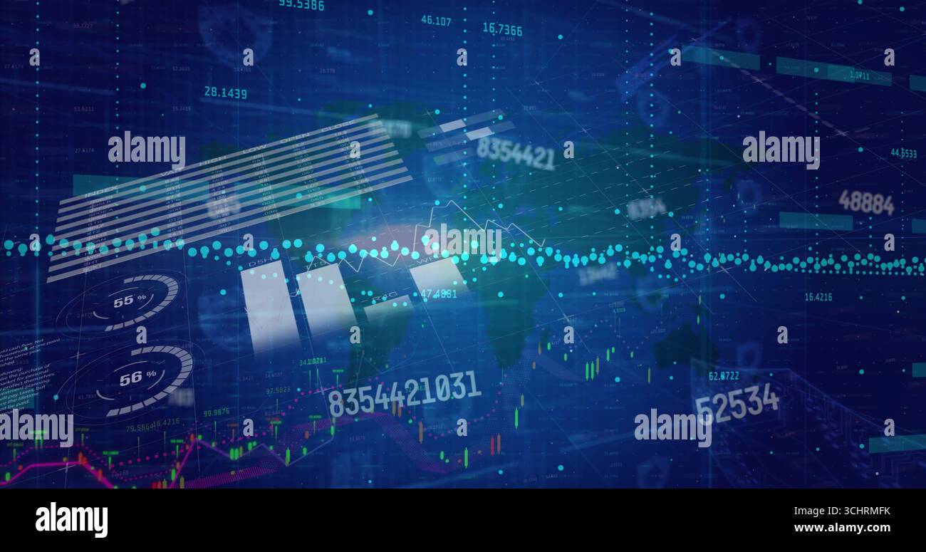 Visualisation des données financières sur un tableau de bord futuriste, avec des graphiques à barres et linéaires et des superpositions numériques Banque D'Images