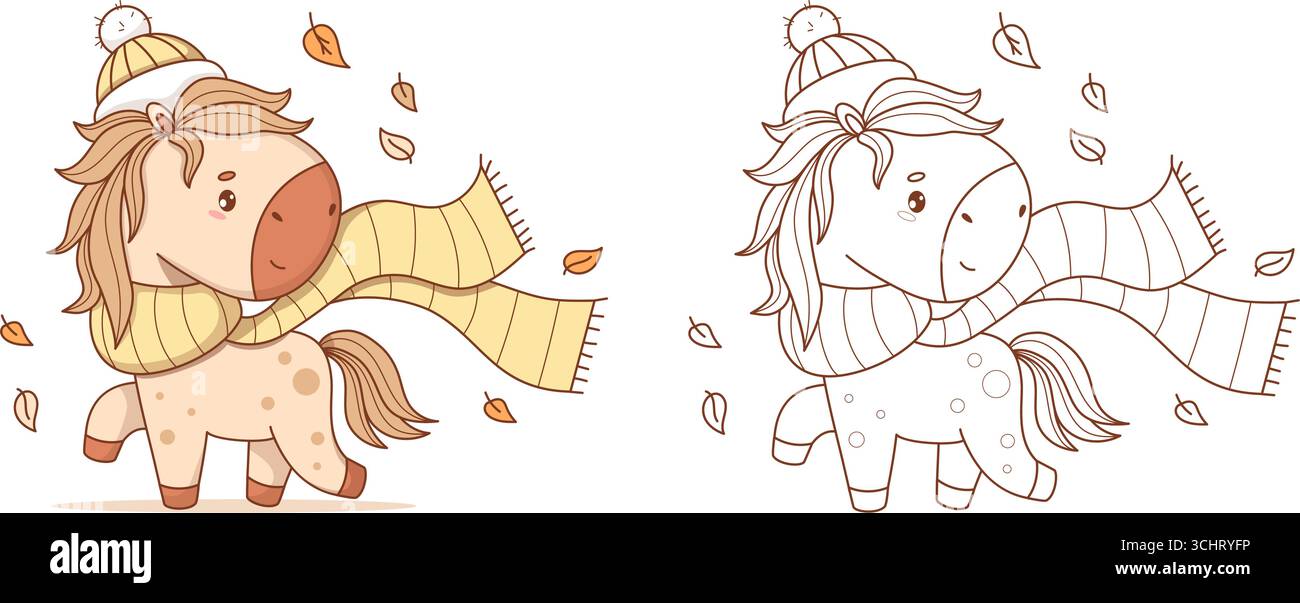 Mignon cheval d'automne dans chapeau et écharpe avec feuilles d'automne. Dessin de lignes de contour et de couleurs, Livre de coloriage. Animal saisonnier kawaii drôle de dessin animé isolé. VEC Illustration de Vecteur