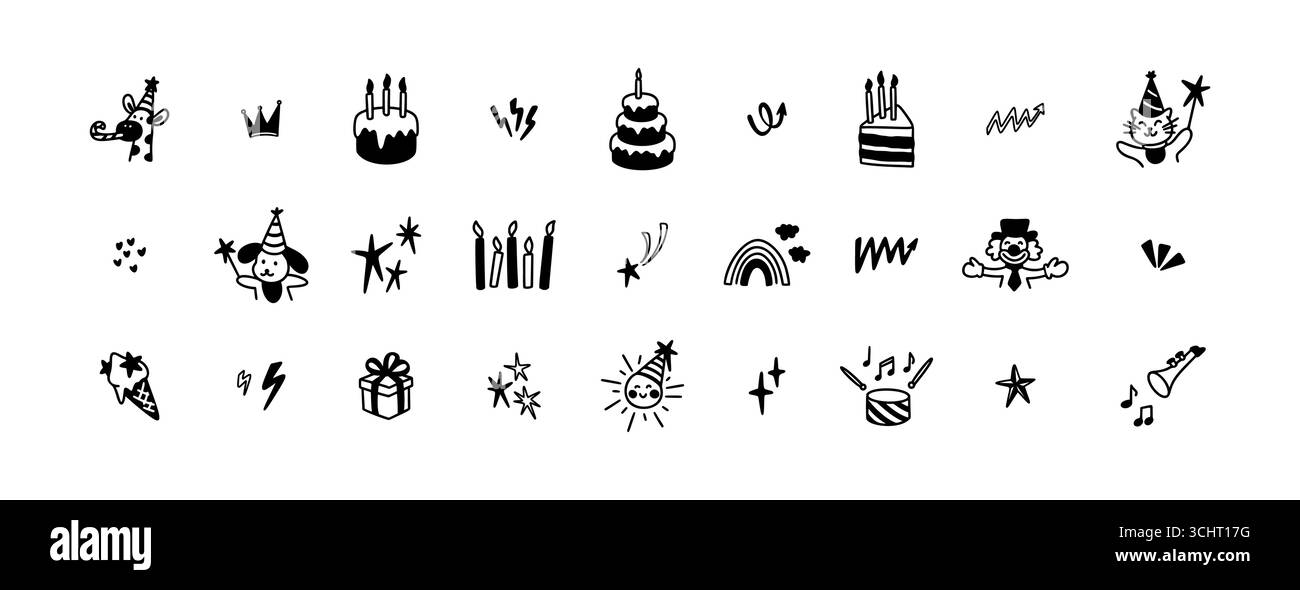 Ensemble de jolies icônes d'anniversaire de ligne doodle pour enfants. Forme de couronne, effet explosion, rebond de balle, note de musique et tambour. Ensemble de tatouages enfantins fantaisistes et originaux. Env Illustration de Vecteur