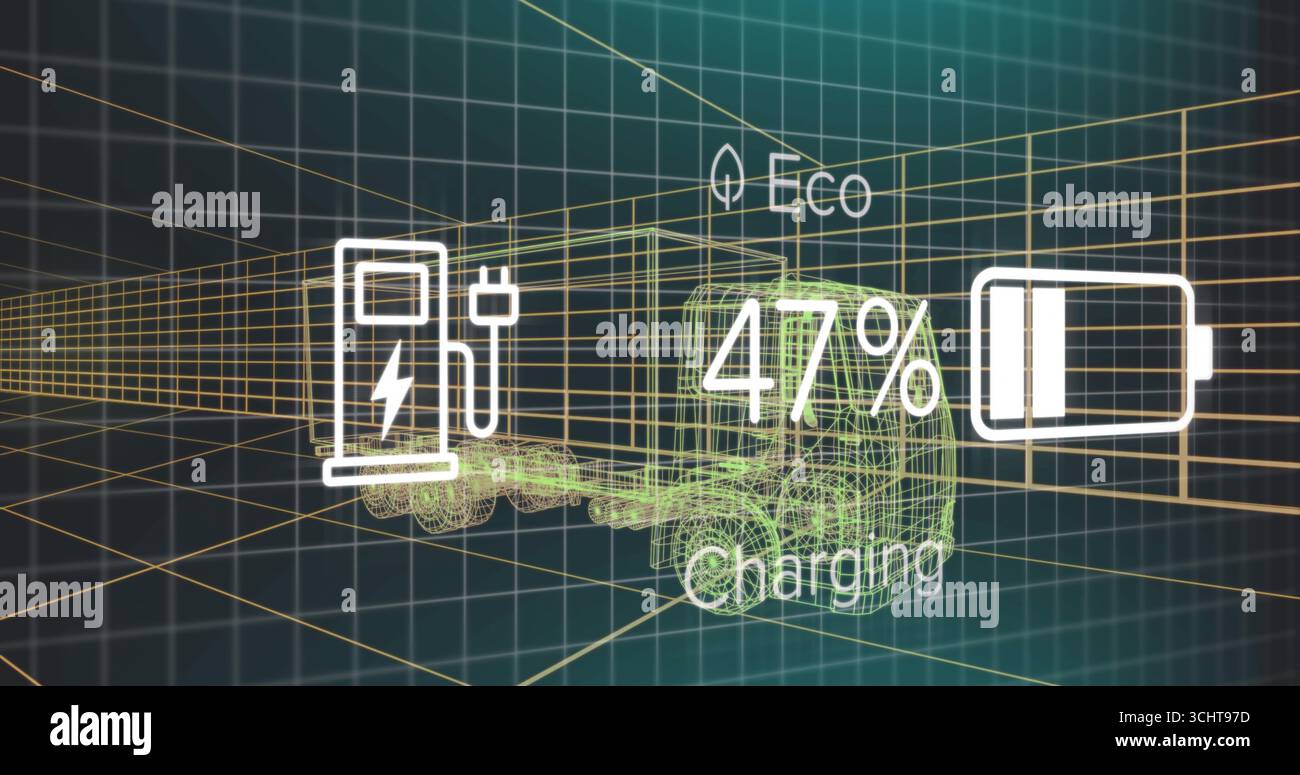 Chargement du camion filaire dans la grille 3D avec icône Eco Leaf, station de charge et icône de batterie 47% Banque D'Images