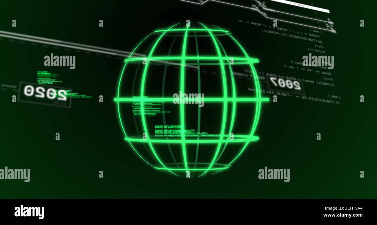 Affichage d'une sphère filaire verte brillante planant au centre de l'interface, avec code flottant Banque D'Images