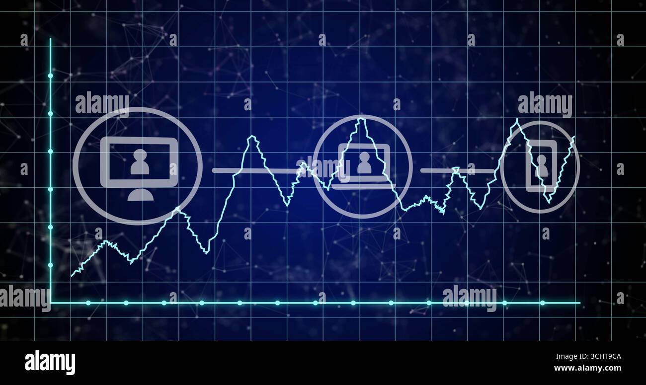 Affichage du diagramme de flux de données avec ligne cyan variable et moniteur, bâtiment et smartphone sur grille sombre Banque D'Images