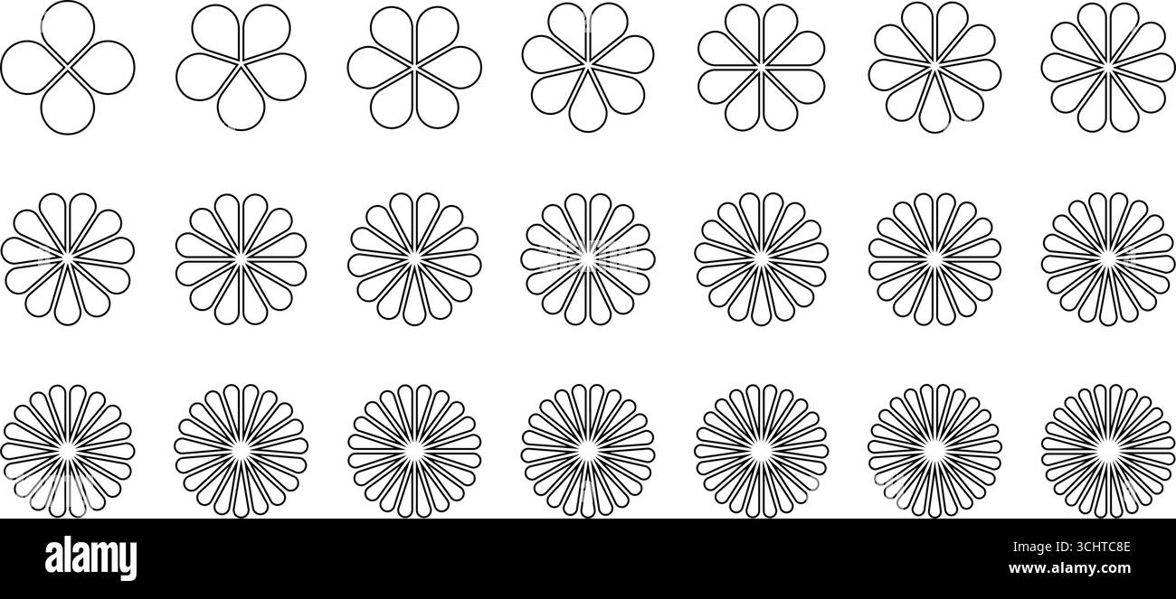 Icônes de forme de pétale de fleur ensemble. Diagramme circulaire infographique. Graphique circulaire simple. Feuille de fleur élément graphique géométrique. Tableau à roues rondes. Vecteur de ligne Illustration de Vecteur