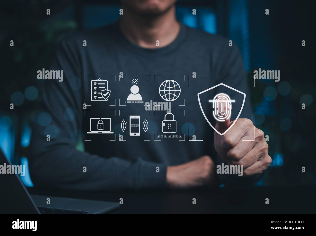 Cybersécurité et système d'authentification d'identité biométrique. Personne utilisant la technologie de balayage d'empreintes digitales avec des icônes représentent des protocoles de sécurité, des données Banque D'Images