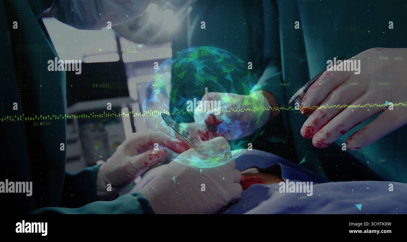 Chirurgiens gantés en blouse pratiquant une incision en salle d'opération, avec superposition de forme d'onde holographique du globe Banque D'Images