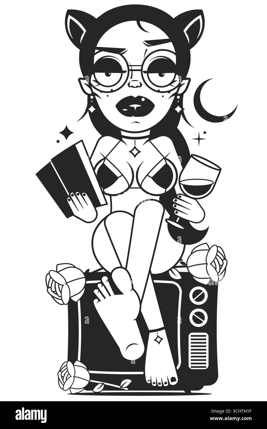 belle fille mignonne se réjouit sur une balançoire et la lune et les étoiles Illustration de Vecteur