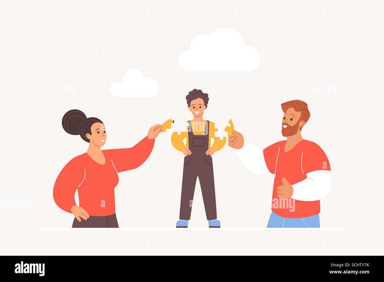 Parentalité, rôle de l'adulte dans le développement de l'enfant, comportement, éducation en santé mentale par le père et la mère. Minuscule homme et femme assemblent le modèle de garçon à partir de pièces de puzzle illustration vectorielle de dessin animé Illustration de Vecteur