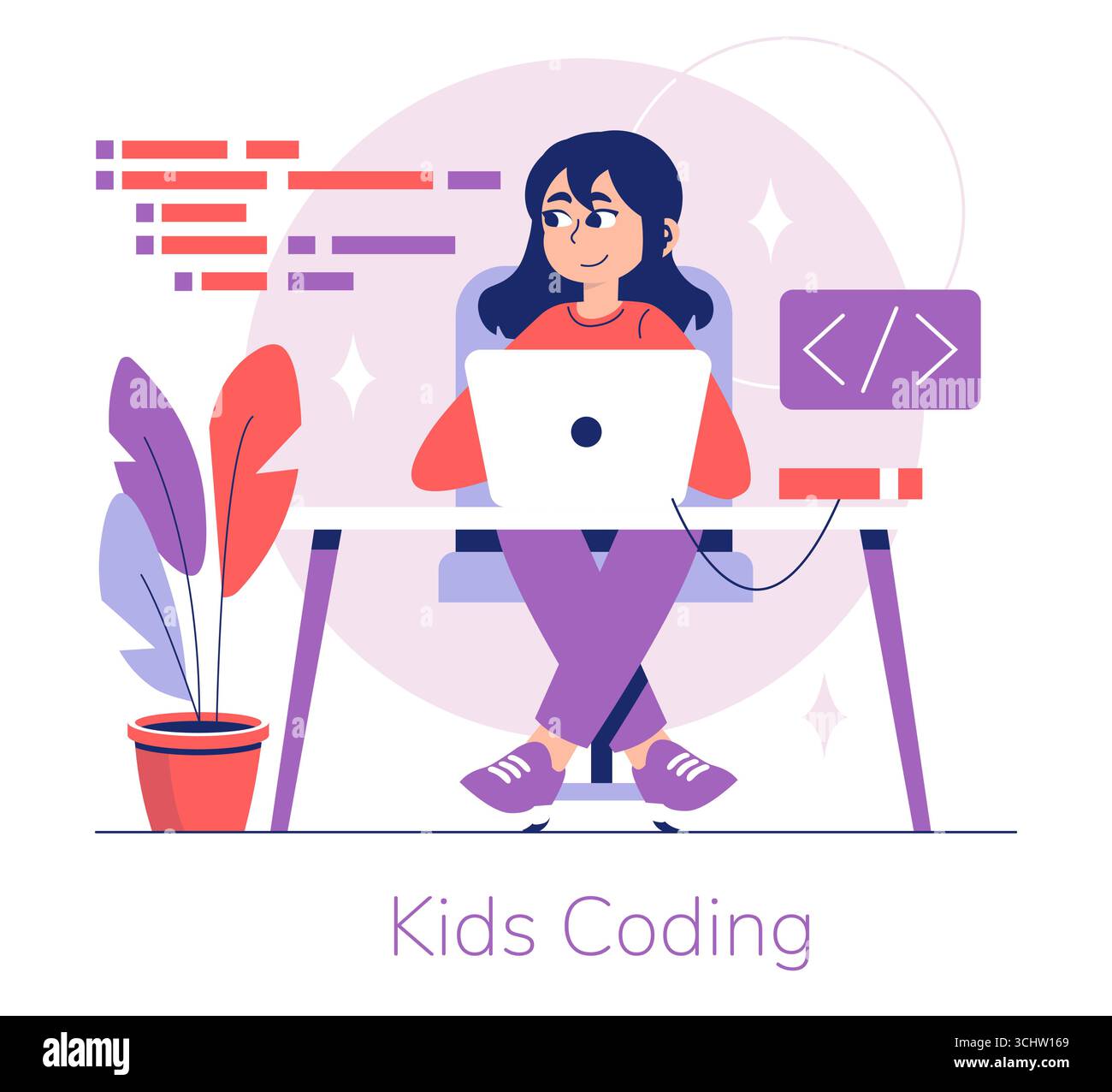 Illustration vectorielle montrant une fille s'engageant avec le codage sur son ordinateur portable. L'image présente une configuration colorée et dépeint une scène éducative décrivant les premières compétences en programmation pour les enfants. Illustration de Vecteur
