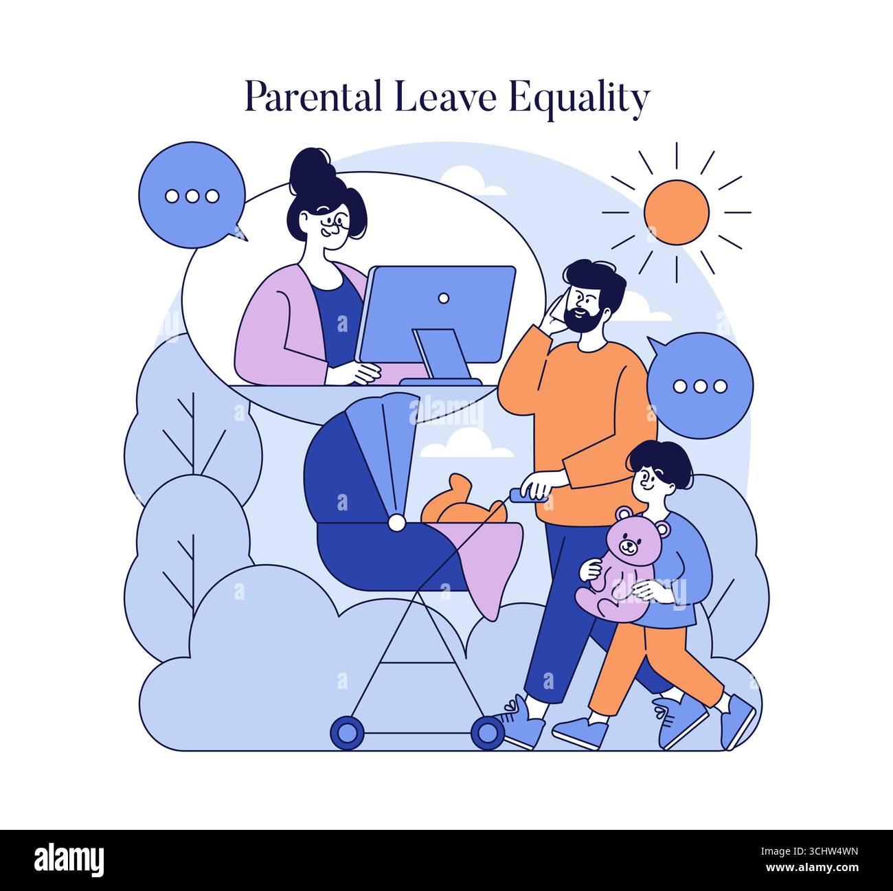 Père poussant la poussette avec l'enfant et parlant au partenaire sur l'ordinateur. Vector illustre le congé parental, l'équilibre entre le travail, la vie familiale et l'égalité entre les sexes dans la parentalité moderne. Illustration de Vecteur