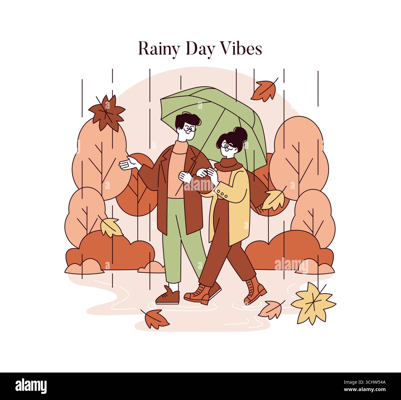 Couple tenant un parapluie et marchant ensemble sous la pluie pendant l'automne représenté dans cette illustration vectorielle. Les feuilles tombent autour d'eux, capturant une ambiance romantique des jours de pluie. Illustration de Vecteur