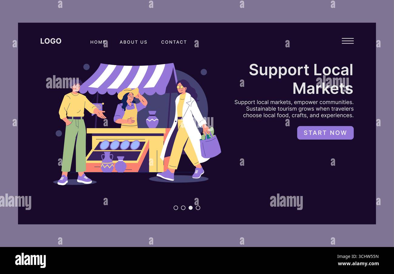 Illustration vectorielle représentant des gens sur un marché local. Un vendeur qui vend des marchandises interagit avec un visiteur qui porte un sac à provisions. Concept met l'accent sur le soutien des marchés locaux. Illustration de Vecteur