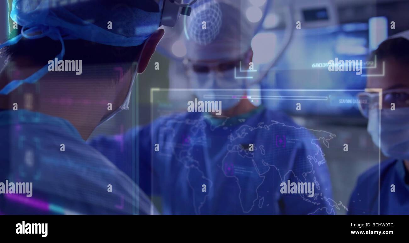 analyse équipe chirurgicale examinant le patient dans la salle de chirurgie, avec carte holographique et moniteurs Banque D'Images