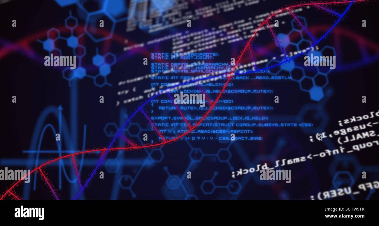 Affichage numérique croisant la double hélice ADN violet rouge, avec formes d'onde à code quadrillé hexagonal Banque D'Images