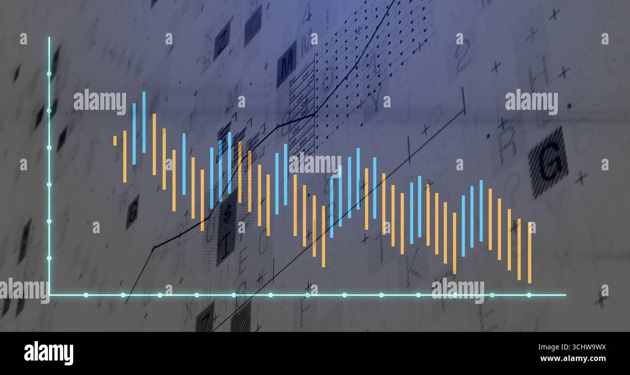 Affichage du graphique en barres et en courbes sur le tableau de bord analytique, avec des barres, une ligne turquoise et des repères d'axe Banque D'Images