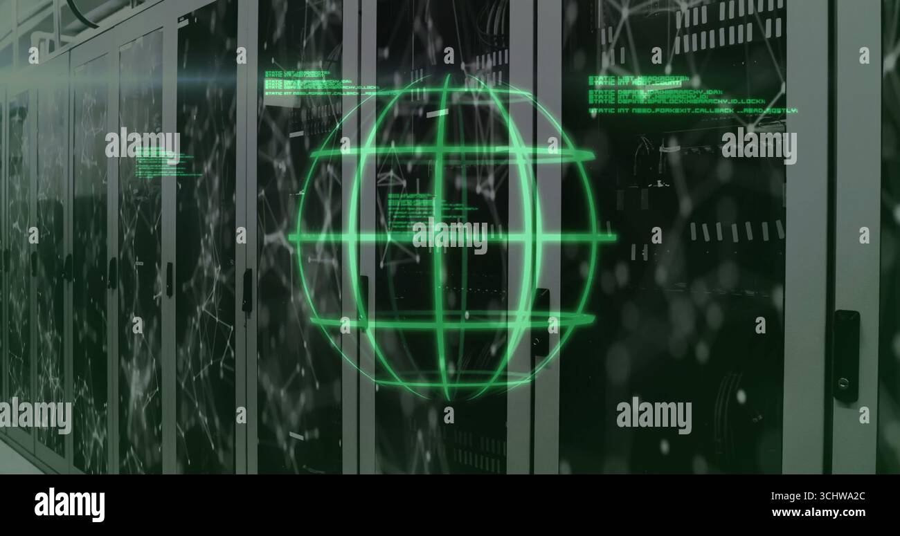 Globe holographique vert projeté au-dessus des racks de serveurs dans le centre de données, avec voyants LED Banque D'Images