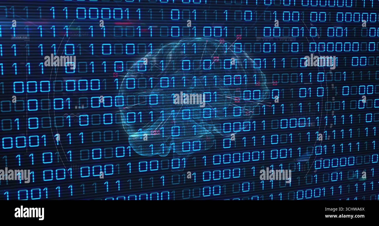 Hologramme cérébral filaire flottant pulsé dans l'interface utilisateur de la console, montrant des chiffres binaires et des lignes de circuit Banque D'Images