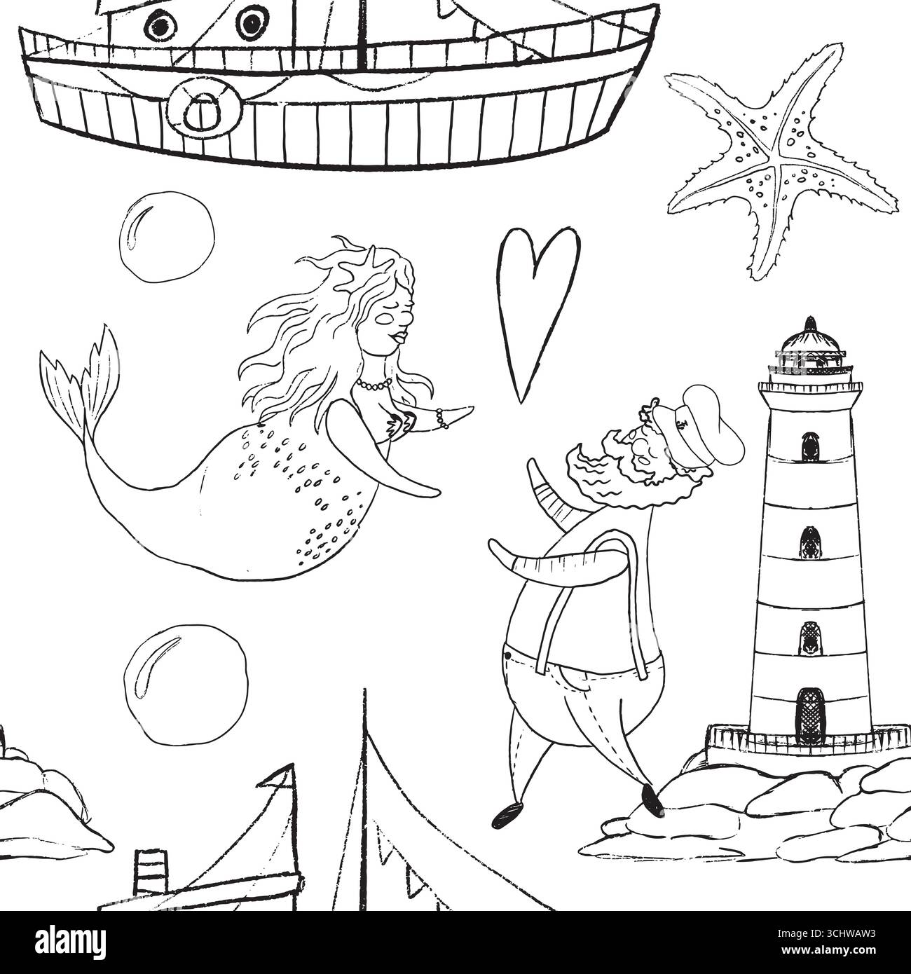 Admirez l'art fantaisiste en noir et blanc avec une charmante sirène, un phare et des éléments de voile. Motif vectoriel transparent noir et blanc. Illustration de Vecteur