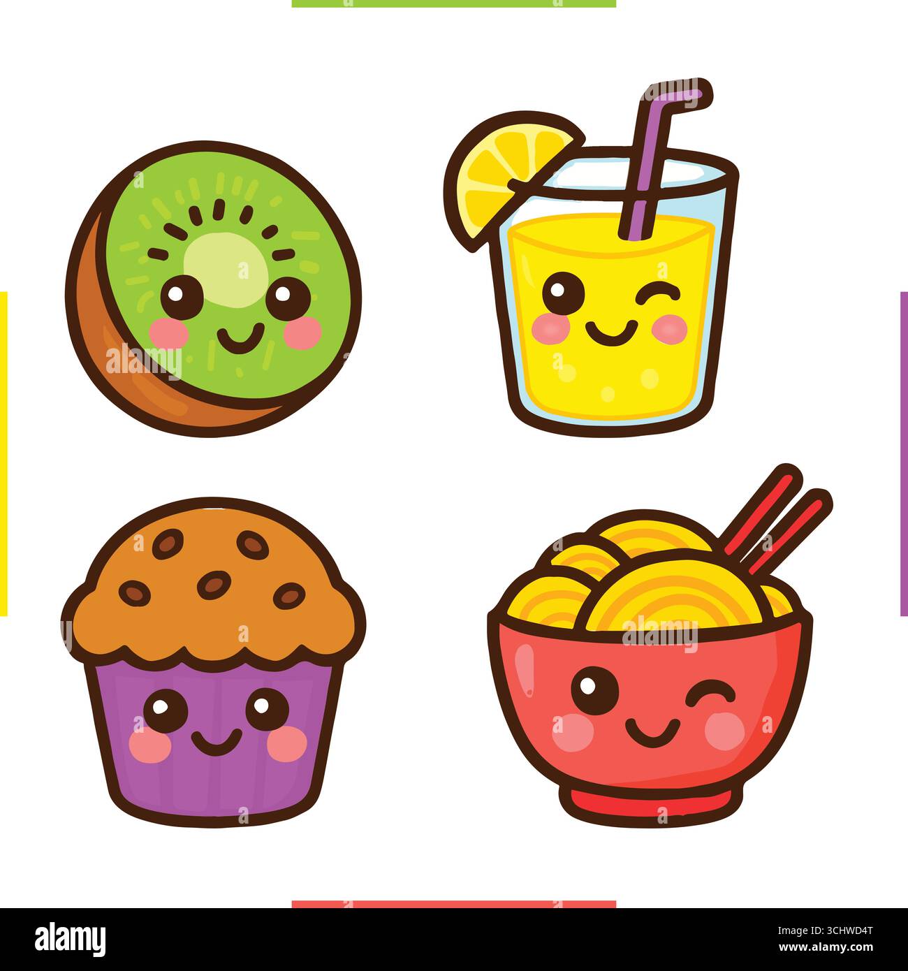 Ensemble d'icônes de nourriture de dessins animés mignons, y compris des kiwis, du jus d'orange avec de la paille, un cupcake à muffins et un bol à nouilles. Doodle kawaii coloré dessiné à la main Illustration de Vecteur