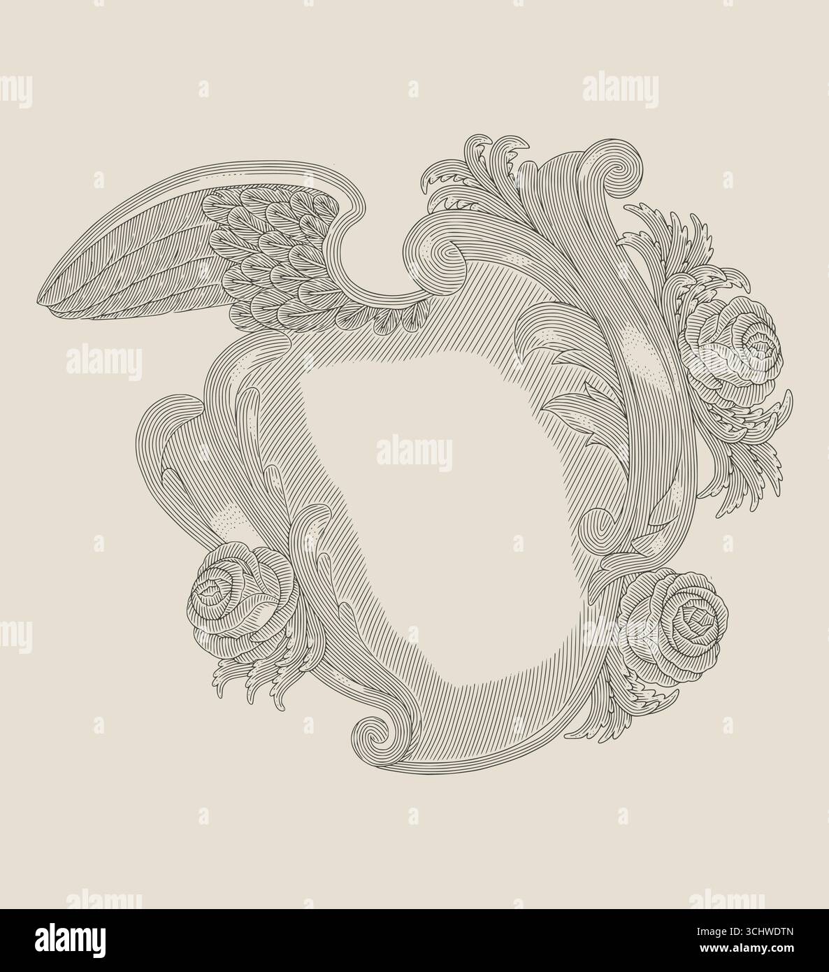 Cadre d'aile antique avec fleur de rose et ornement floral, illustration de style de dessin de gravure vintage Illustration de Vecteur