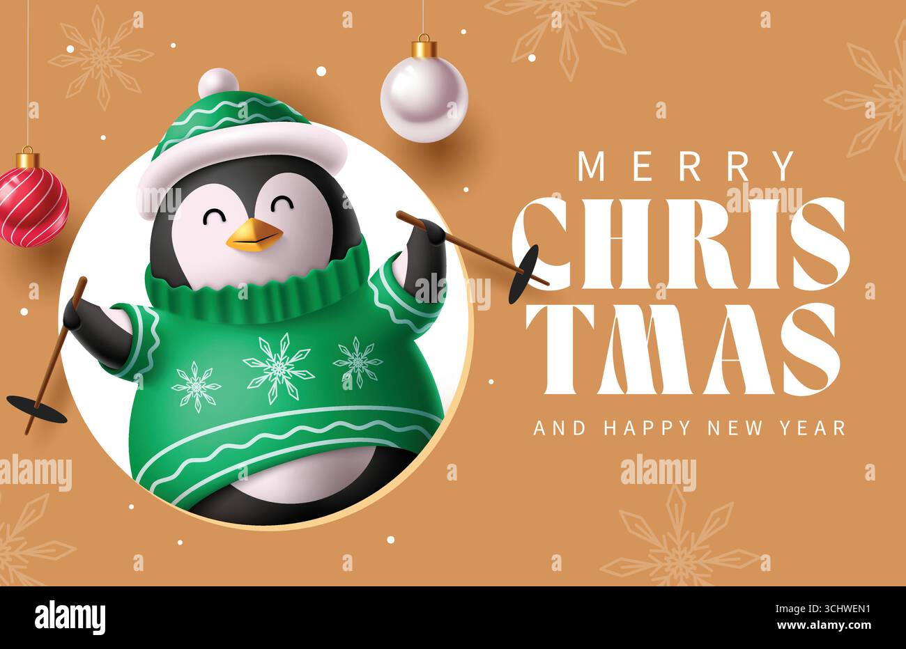 Pingouin de Noël mignon en pull vert avec flocons de neige et Clipart de voeux de vacances Illustration de Vecteur