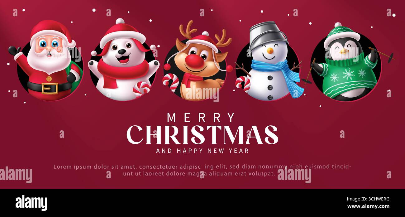 Adorable Père Noël, bonhomme de neige, renne, pingouin et ours polaire illustration de voeux de Noël Illustration de Vecteur