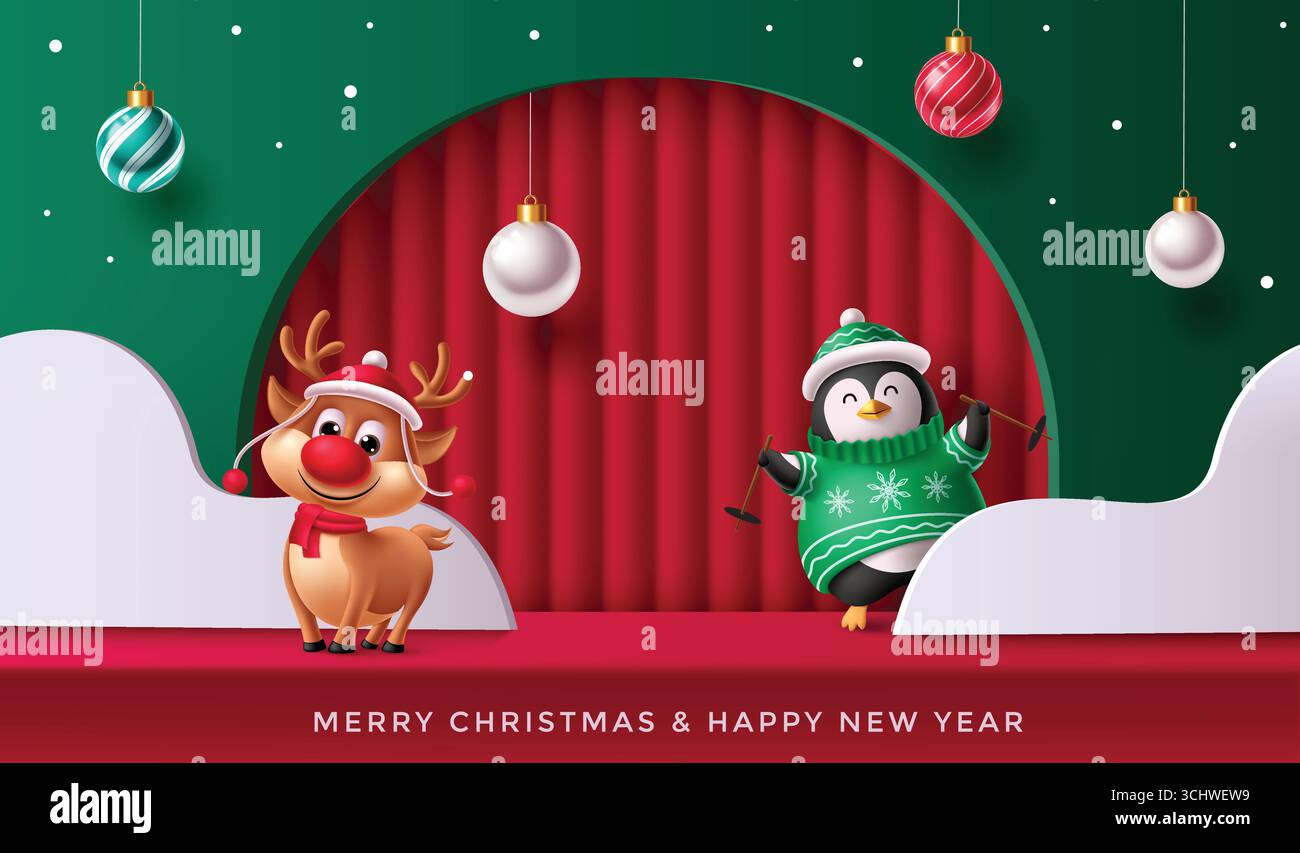 Renne mignon et pingouin dans des vêtements d'hiver avec des ornements de Noël fond de vacances festif Illustration de Vecteur
