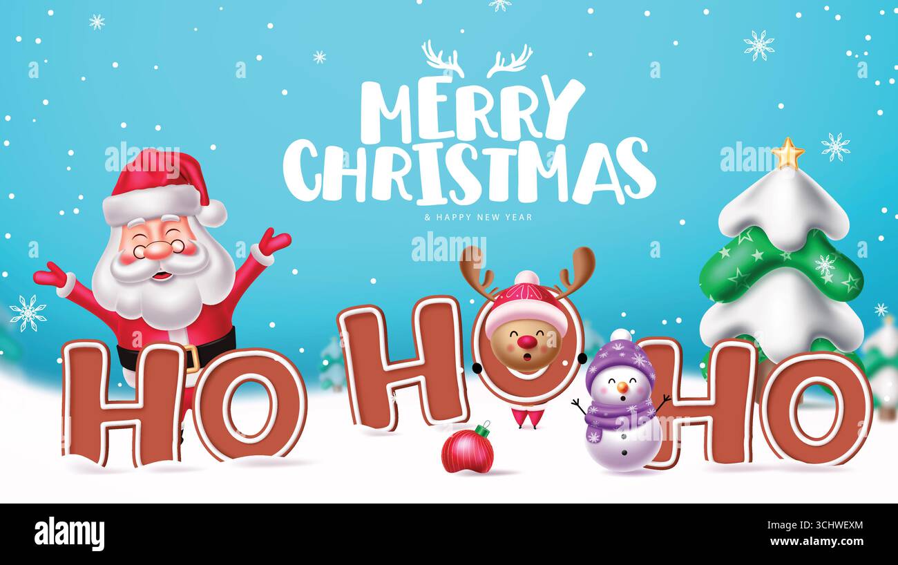 Clipart joyeux Noël coloré avec Santa, bonhomme de neige, renne, arbre, et Holiday HO HO HO lettres Illustration de Vecteur
