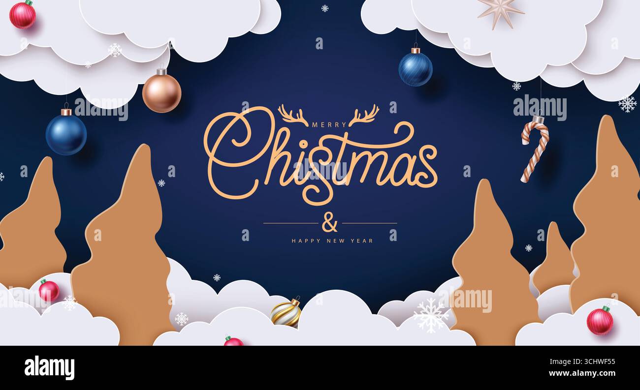 Décorations festives de Noël Clipart, canne à sucre et arbres enneigés avec lettrage des fêtes élégant Illustration de Vecteur