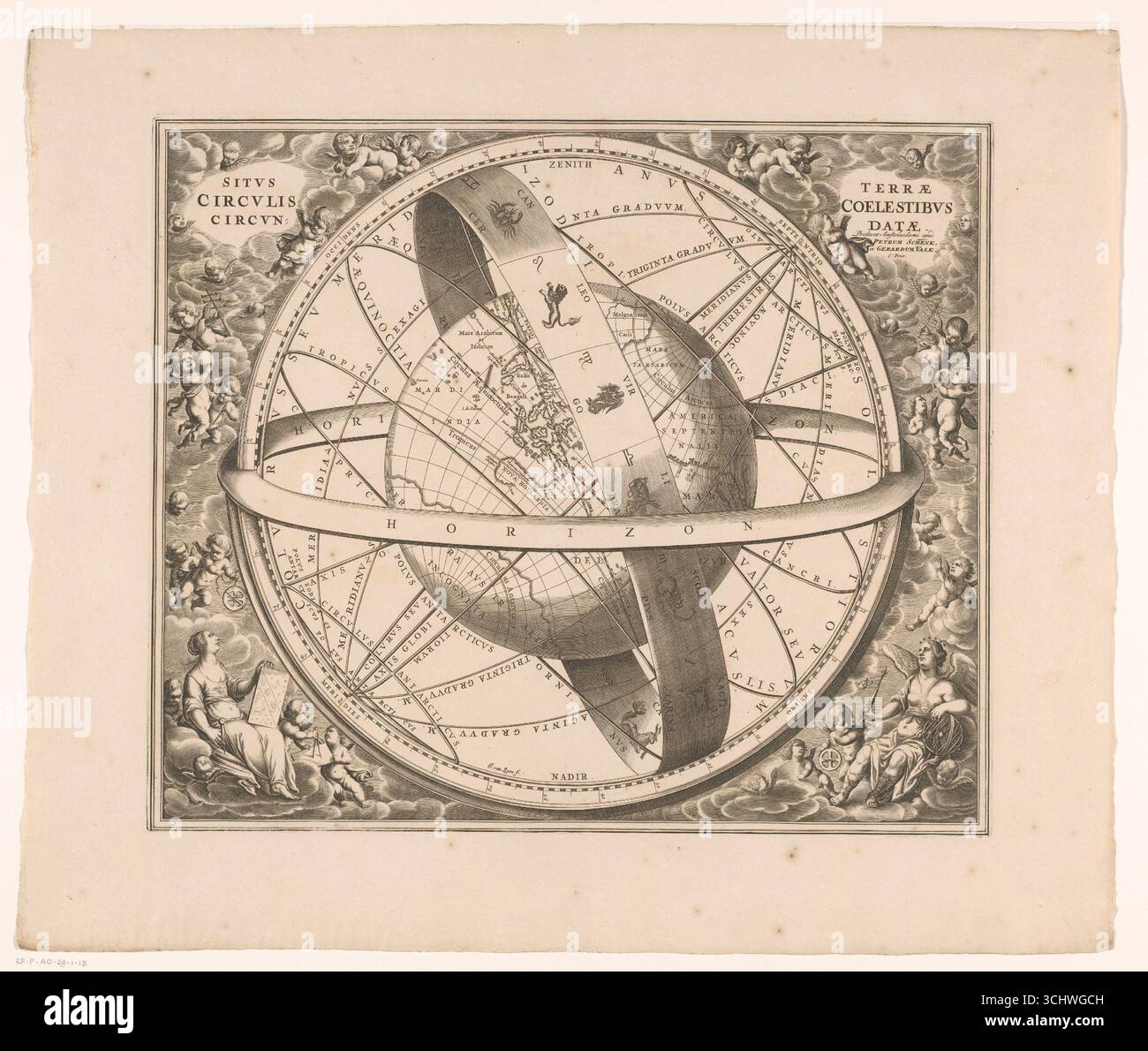 Situs terrae circulis coelestibus circundatae, carte céleste de la Terre selon le système ptolémaïque, créée par le graveur Johannes van Loon entre 1660 et 1708. La gravure représente la Terre au centre du cosmos, entourée de méridiens, de tropiques et du chemin zodiacal des étoiles, avec des marques de degrés le long des bords. La bande d'horizon traverse la sphère, mettant l'accent sur la cosmologie géocentrique. Les cartouches de titre sont tenues par des putti dans les coins supérieurs, tandis que la muse Urania, personnification de l'astronomie, est assise en bas à droite tenant ses instruments. Banque D'Images