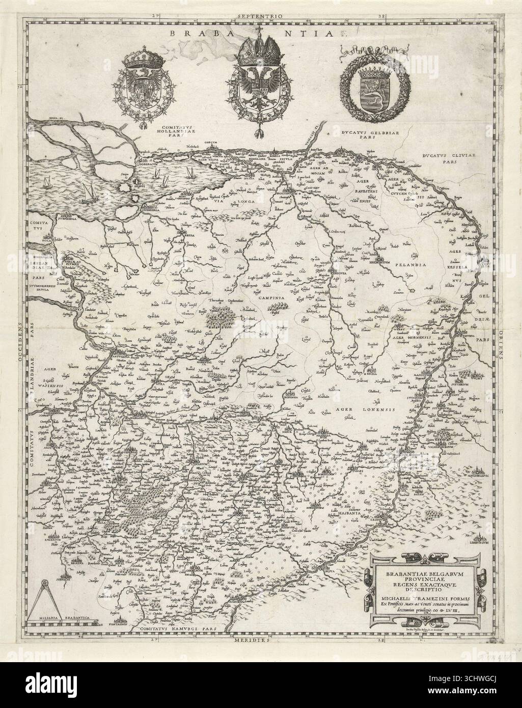 Brabantiae Belgarum provinciae recens exactement descriptio, carte antique du Brabant créée en 1558 par Jacob Bos, Italie. La carte montre les villes, les rivières et les frontières de la province du Brabant dans les pays-Bas avec des inscriptions latines détaillées. Au sommet se trouvent trois crêtes héraldiques : les armoiries royales anglaises avec l'ordre de la Toison d'Or, les armoiries impériales avec la Toison d'Or et les armoiries du duché de Brabant. La carte comporte un cartouche décoratif avec titre en bas à droite et échelle de compas en bas à gauche. Banque D'Images