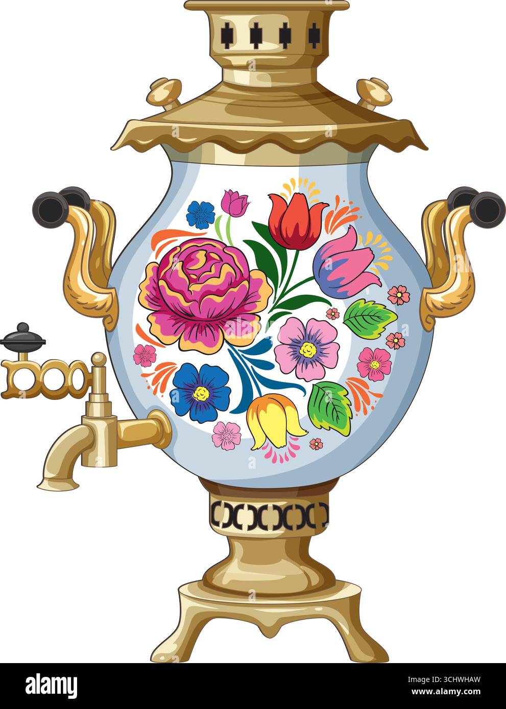 Illustration vectorielle colorée de samovar russe orné avec des motifs folkloriques floraux vibrants sur fond blanc. Illustration de Vecteur