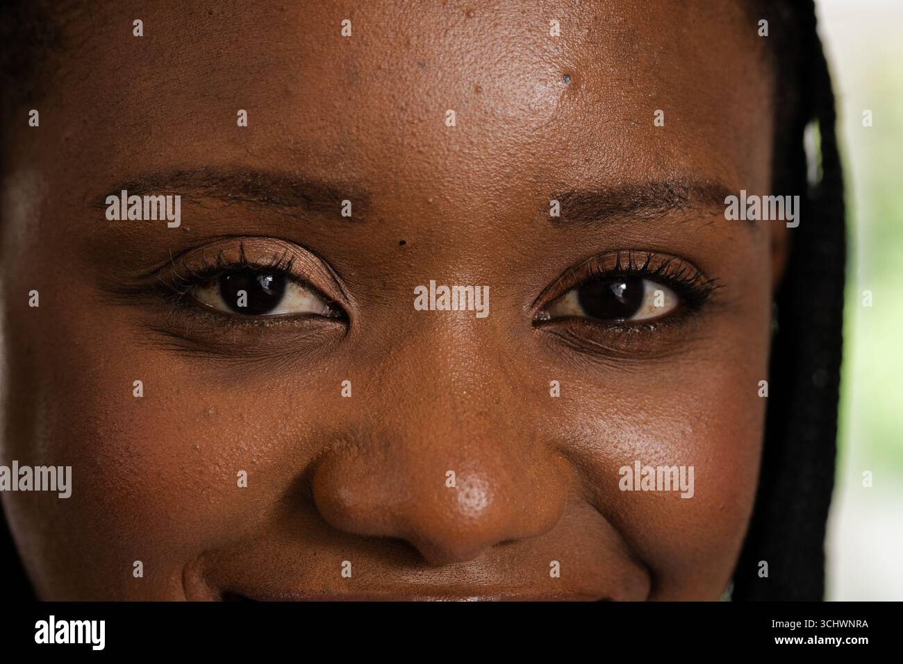 Femme souriante avec un maquillage naturel et des cheveux tressés, rayonnant confiance et chaleur Banque D'Images