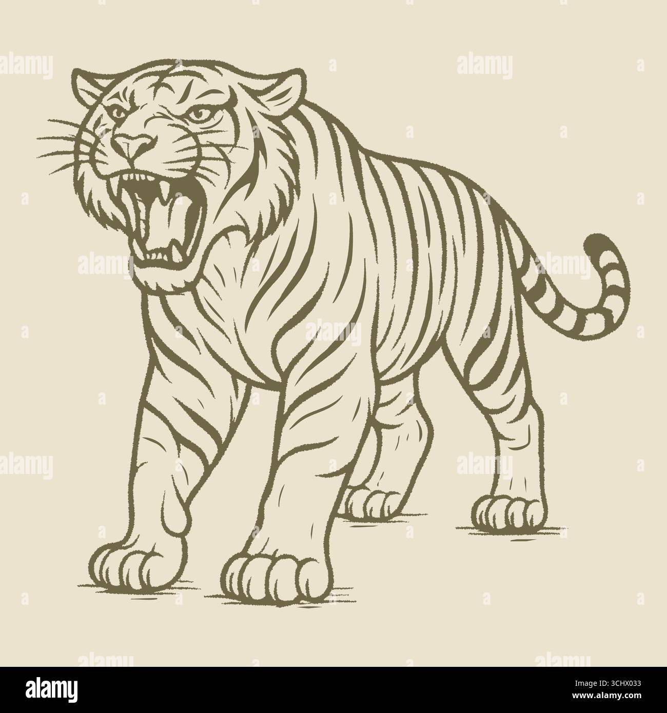 Un puissant tigre avance avec des griffes visibles à bouche ouverte et des rayures audacieuses rendues dans des lignes sommaires. Illustration de Vecteur