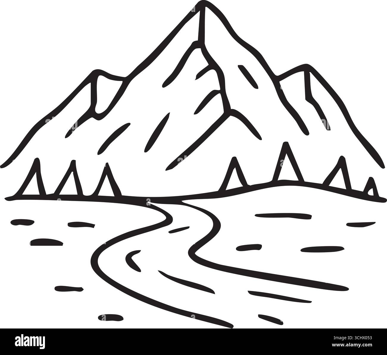 Une scène de nature minimale montre des pics nets et un lit de rivière incurvé coulant vers le spectateur dans des traits audacieux. Illustration de Vecteur