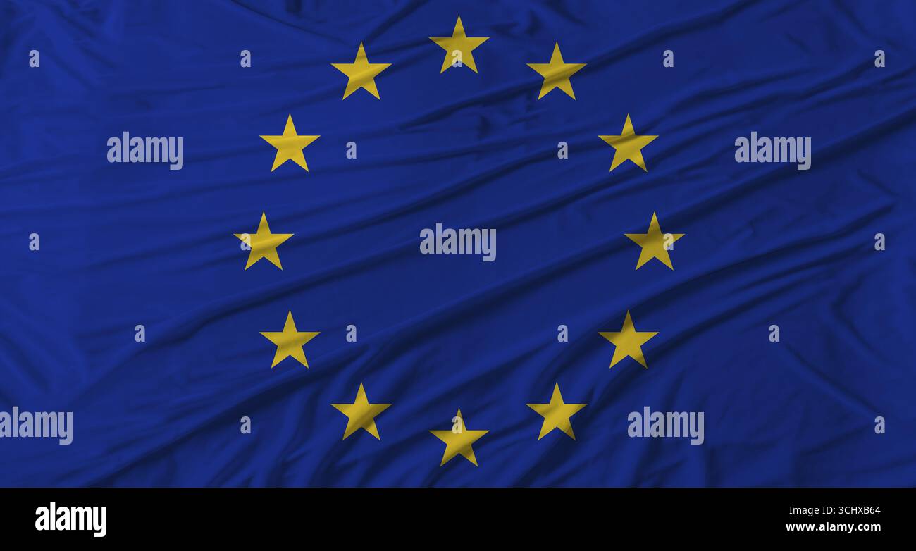 Gros plan du drapeau de l'Union européenne agitant. Drapeau de l'Union européenne avec texture de tissu Banque D'Images