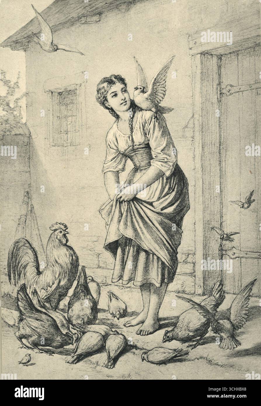 Fille nourrissant des poulets et des pigeons, carnet de croquis de A. Hendschel, collotype publié par M. Hendschel, après 1871 Banque D'Images